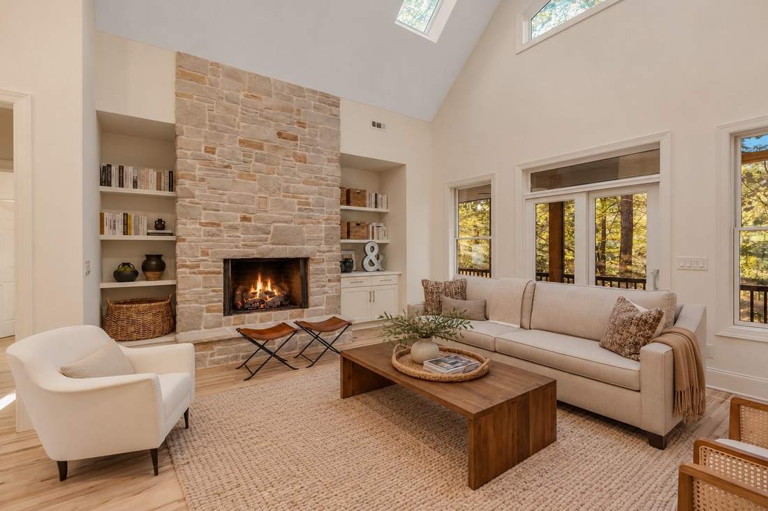 Great room and built-ins (virtually staged)
