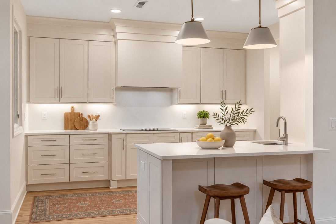 Kitchen island, brass pendants (virtually staged)