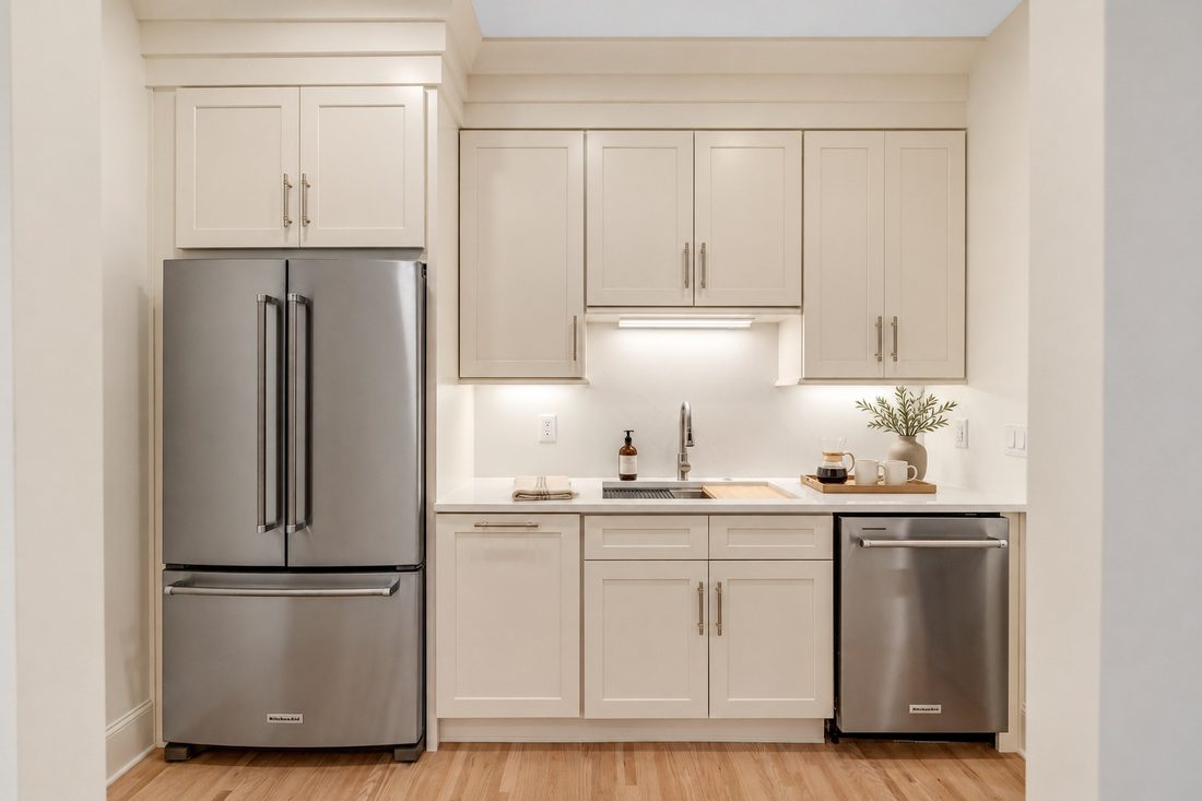 Scullery with refrigerator, sink and dishwasher