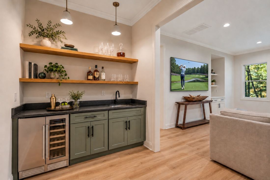 Lower-level bar, open shelving (virtually staged)