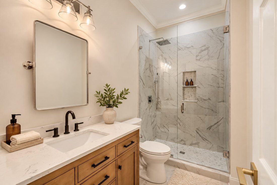 Lower-level bath (virtually staged)