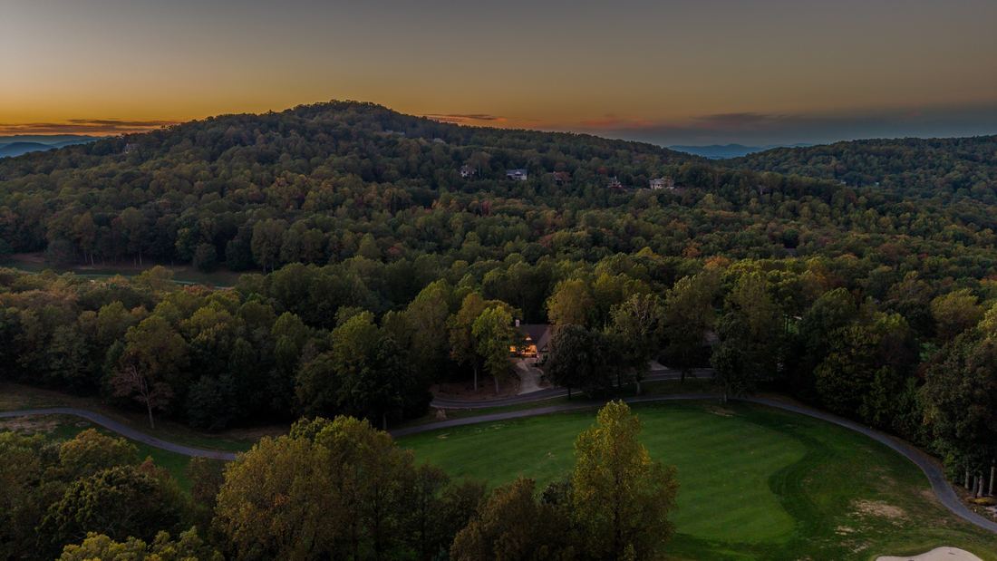 Aerial at dusk, the fairway below